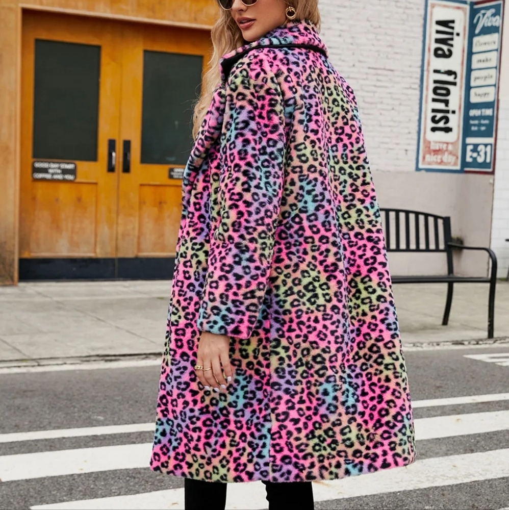 Women's Warm Faux Fox Fur Long Coat Leopard Leisure Long Jacket - Picture 3 of 4
